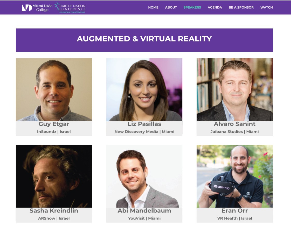 Página de ponentes de Startup Nation Conference para la sesión de realidad aumentada y virtual