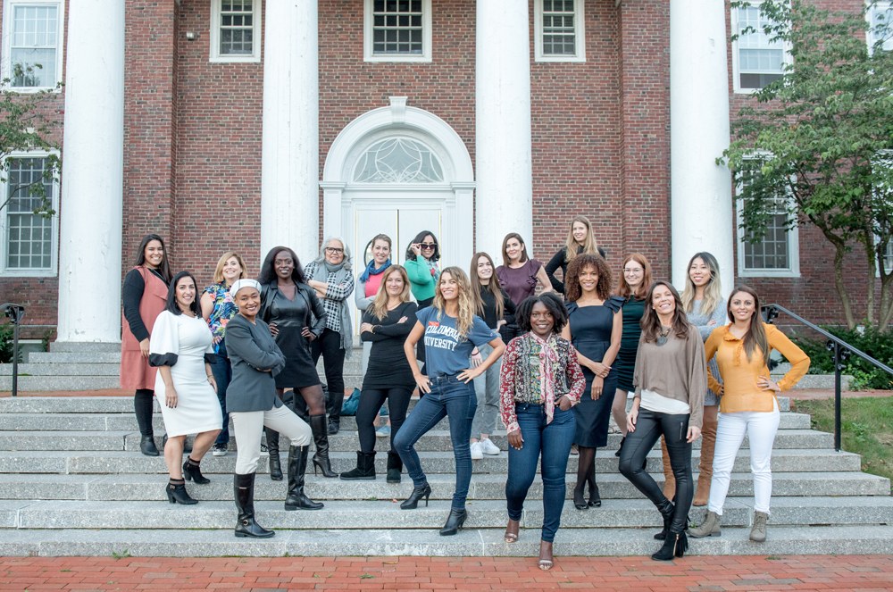 The 2018 WIN Lab Miami founders on the steps of a campus building